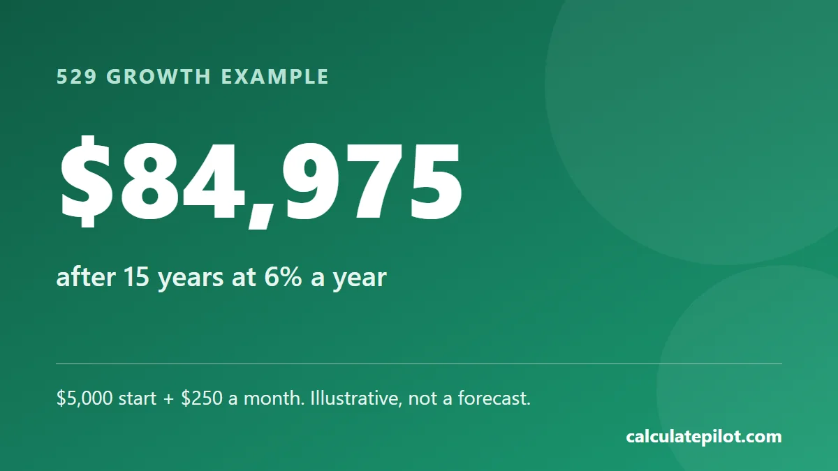 A 529 plan growing to about $84,975 after 15 years with 250 dollars a month at 6 percent