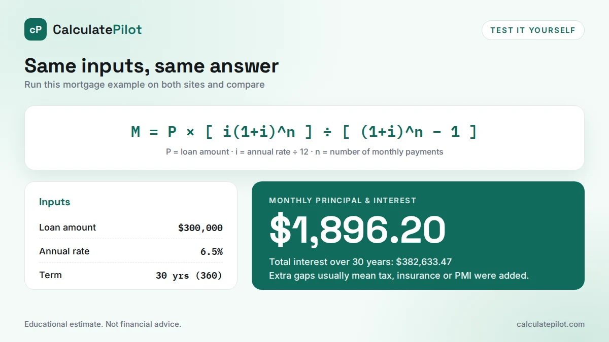 Mortgage formula check: $300,000 at 6.5% over 30 years gives $1,896.20 per month