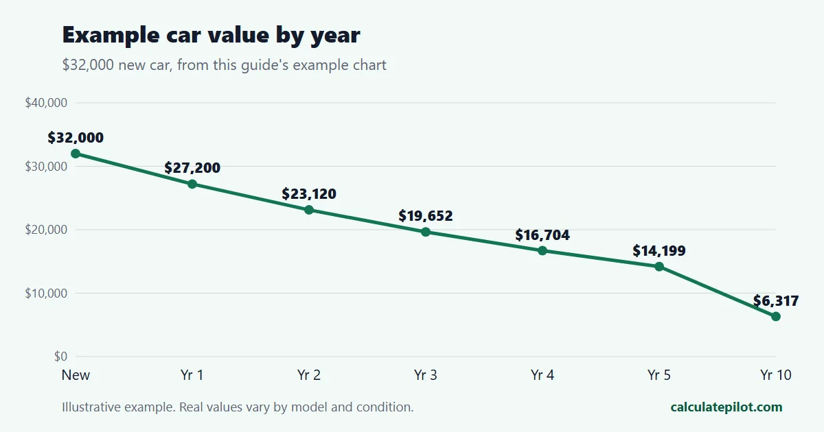 Line chart of an example car's estimated value falling over ten years