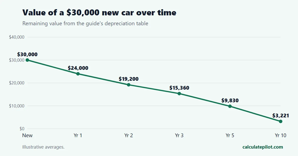 Line chart of a 30,000 dollar car's remaining value by year