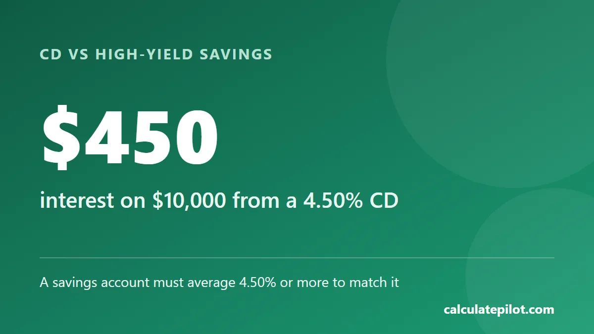 A 4.50 percent CD earns $450 in interest on 10,000 dollars in 12 months