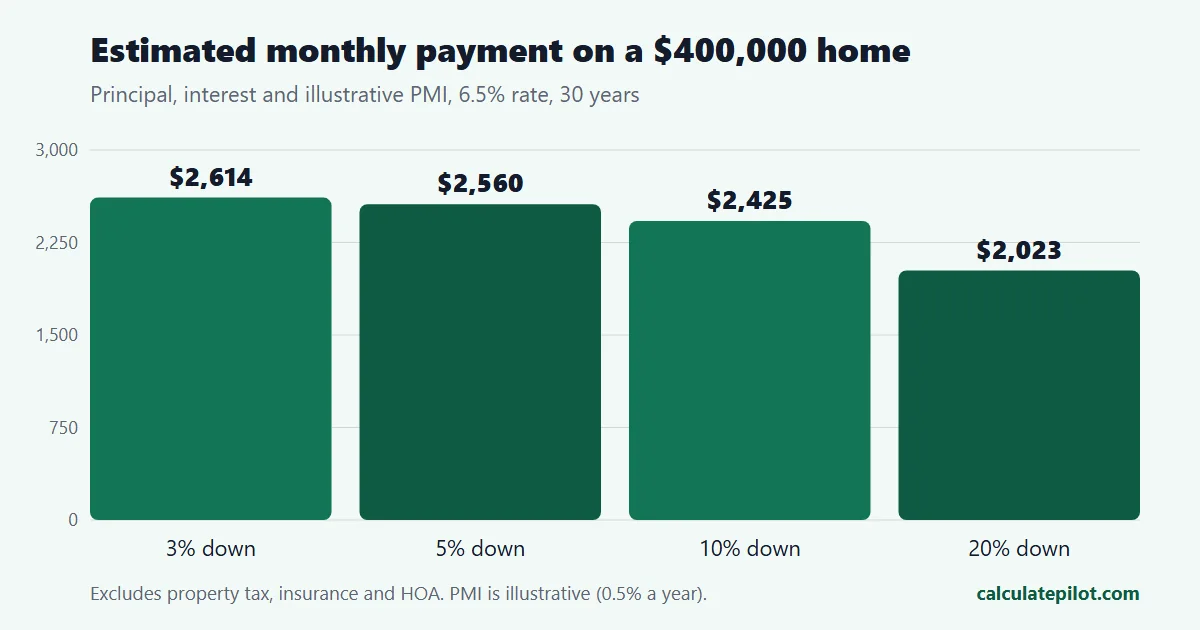 Bar chart of estimated monthly payment on a 400,000 dollar home by down payment percentage