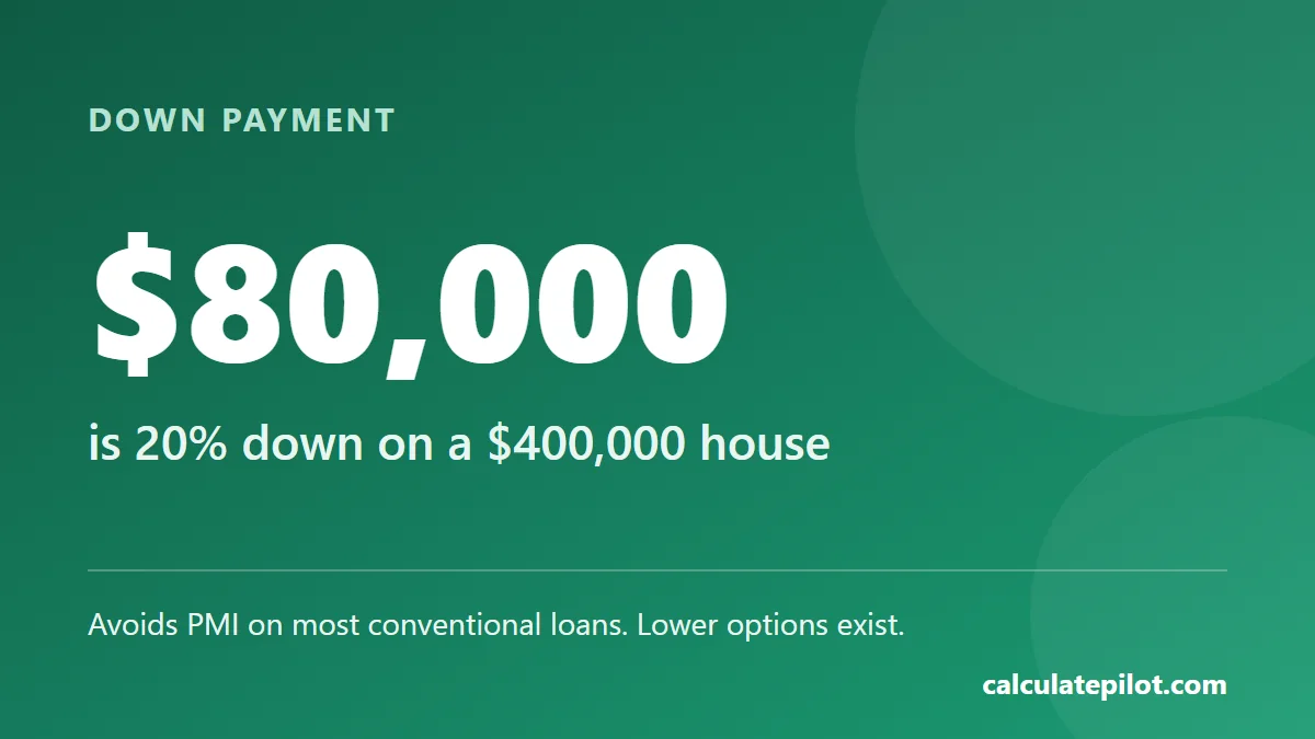 A 20 percent down payment on a 400,000 dollar house is 80,000 dollars