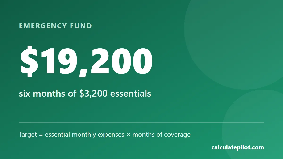 An emergency fund for six months of 3,200 dollars of essential expenses is 19,200 dollars