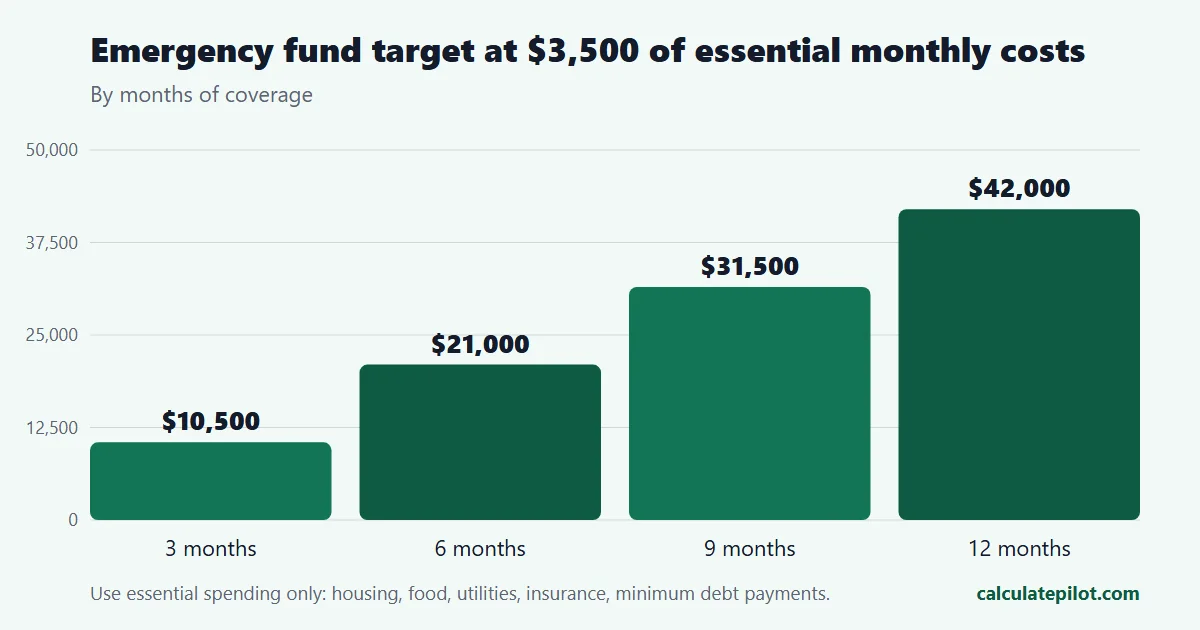 Bar chart of emergency fund target amounts for 3, 6, 9 and 12 months of 3,500 dollar monthly essential expenses