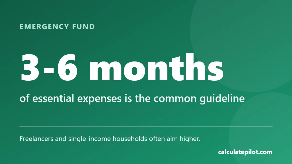 An emergency fund of three to six months of essential expenses is the common guideline