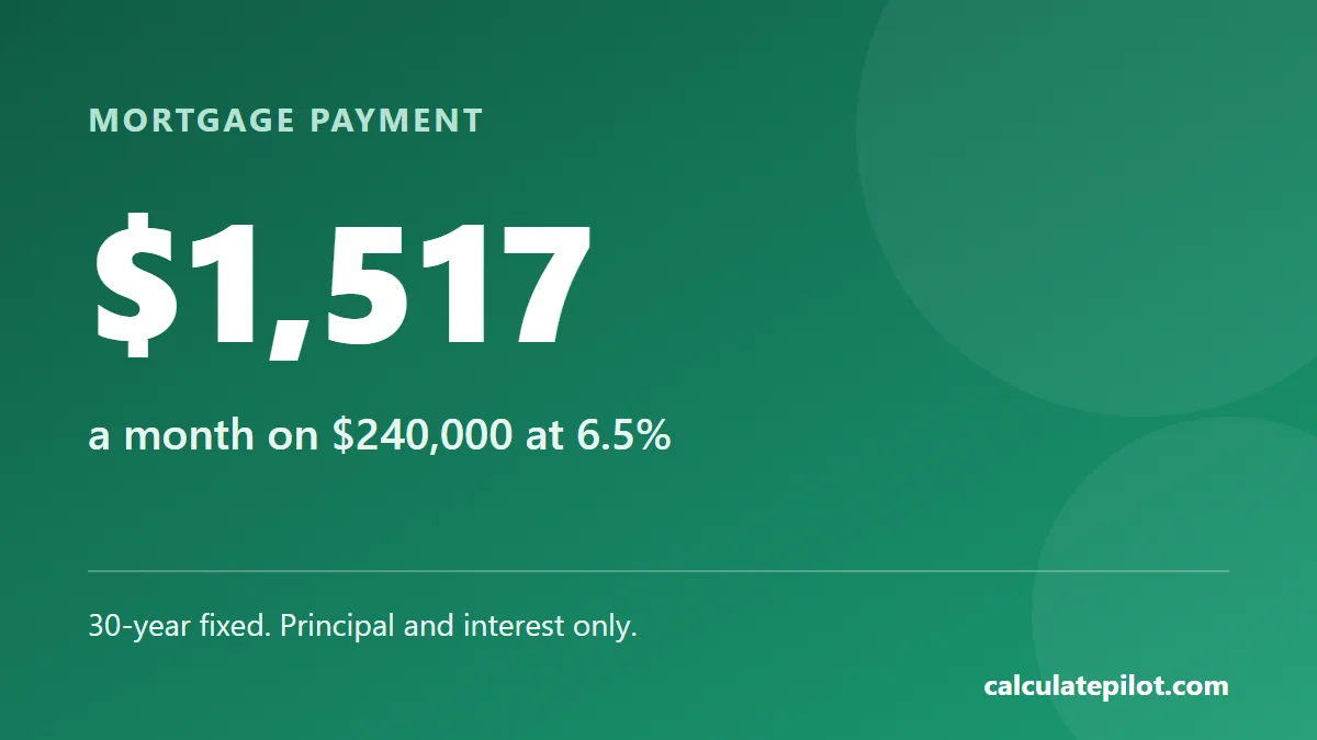 A 240,000 dollar loan at 6.5 percent over 30 years has a payment of about 1,517 dollars a month