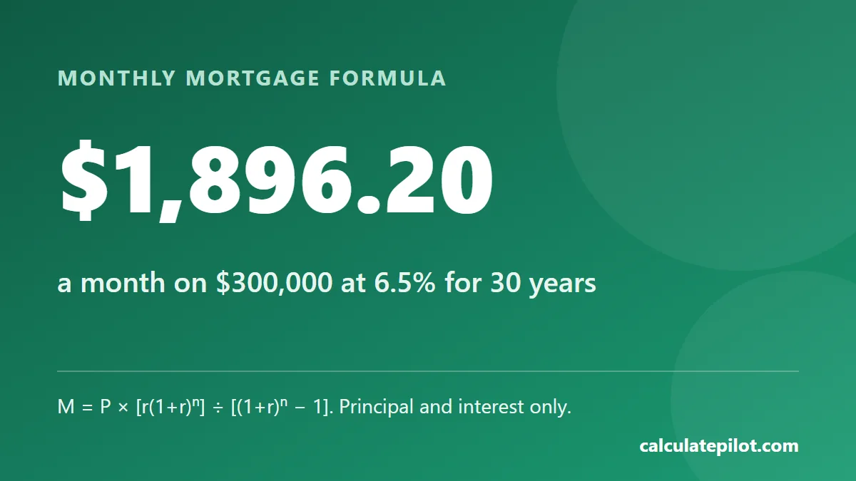A 300,000 dollar loan at 6.5 percent over 30 years has a monthly payment of about 1,896 dollars