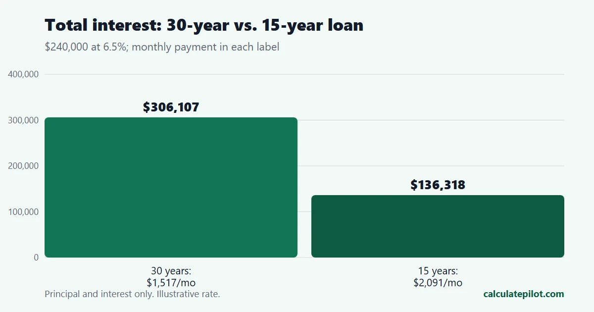 Bar chart comparing payments and total interest on 30-year and 15-year mortgages