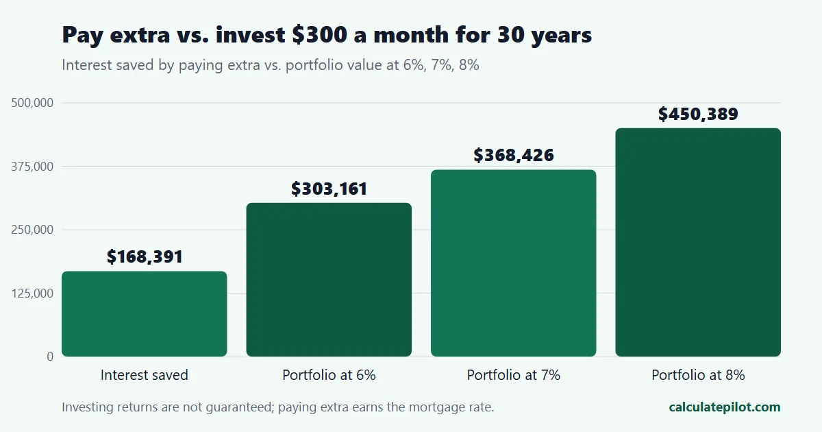 Bar chart comparing interest saved by extra mortgage payments with investment portfolio values