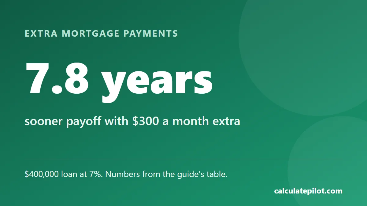 Paying 300 dollars a month extra pays off a 400,000 dollar mortgage 7.8 years early