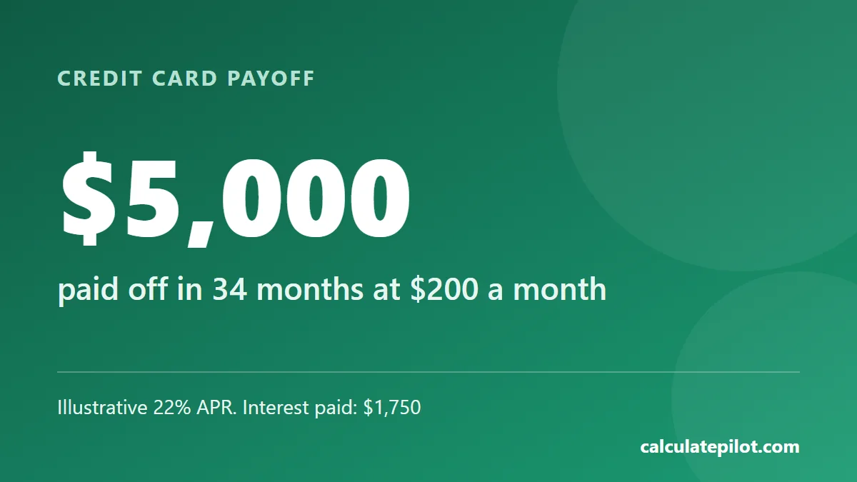 A 5,000 dollar credit card balance is paid off in 34 months at 200 dollars a month and 22 percent APR
