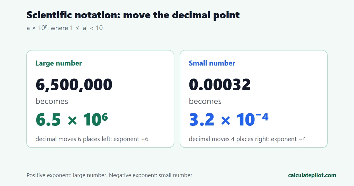 Examples of converting 6,500,000 and 0.00032 to scientific notation