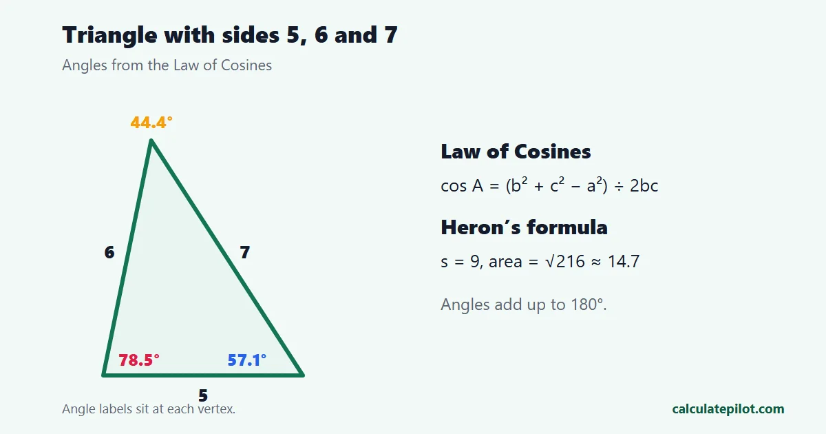 Triangle with sides 5, 6 and 7 and its angles
