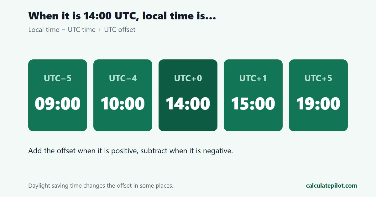 Local times for 14:00 UTC at five UTC offsets